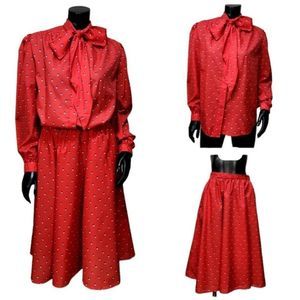 Vintage 80s Handmade‎ Red Poly Skirt & Blouse Set Pussycat Bow Full Skirt Outfit